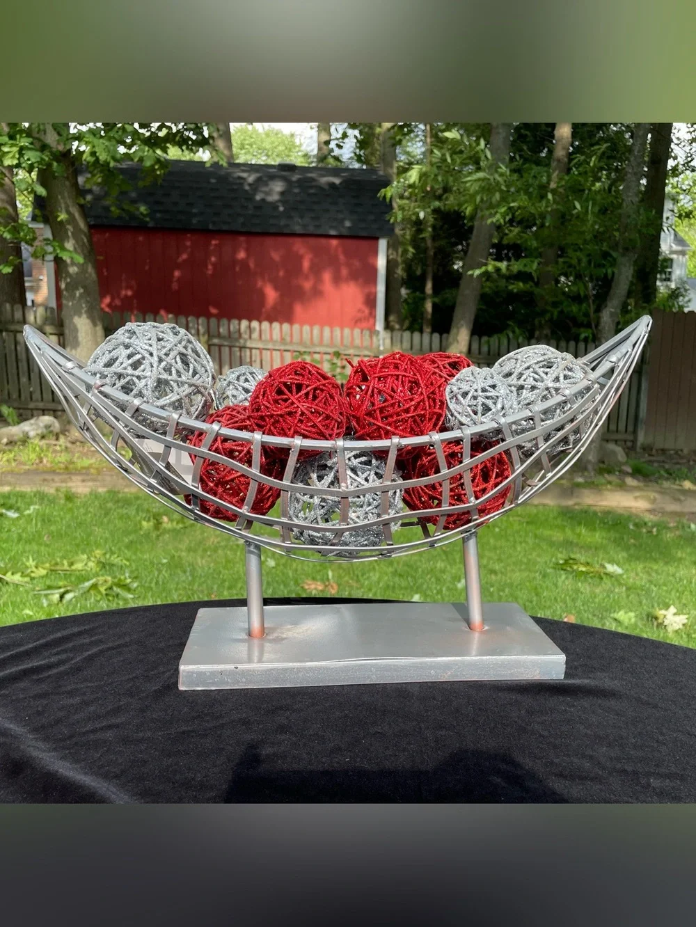 Pier 1 Nomad Weave Metal Boat Basket with Red and Silver Rattan Glitter Spheres